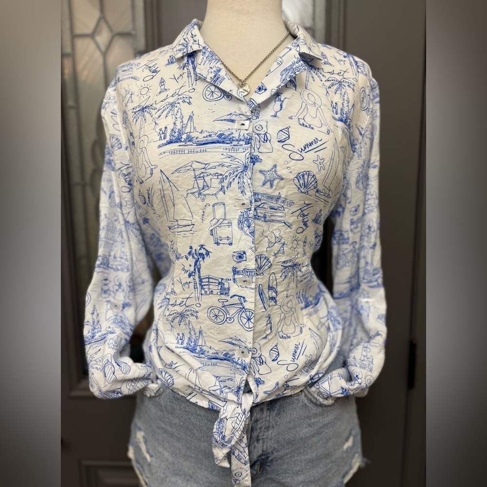 Multiples White and Blue Beach Coastal Printed Women's Top Size Large